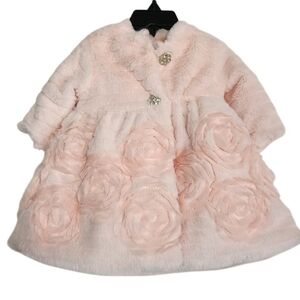 Pink Floral Faux Fur Baby Coat And Dress Set Nwt Sz 3/6 Months